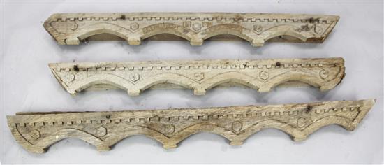 Three early 20th century oak architectural fascias, one inscribed Batemans Burwash, largest 7ft